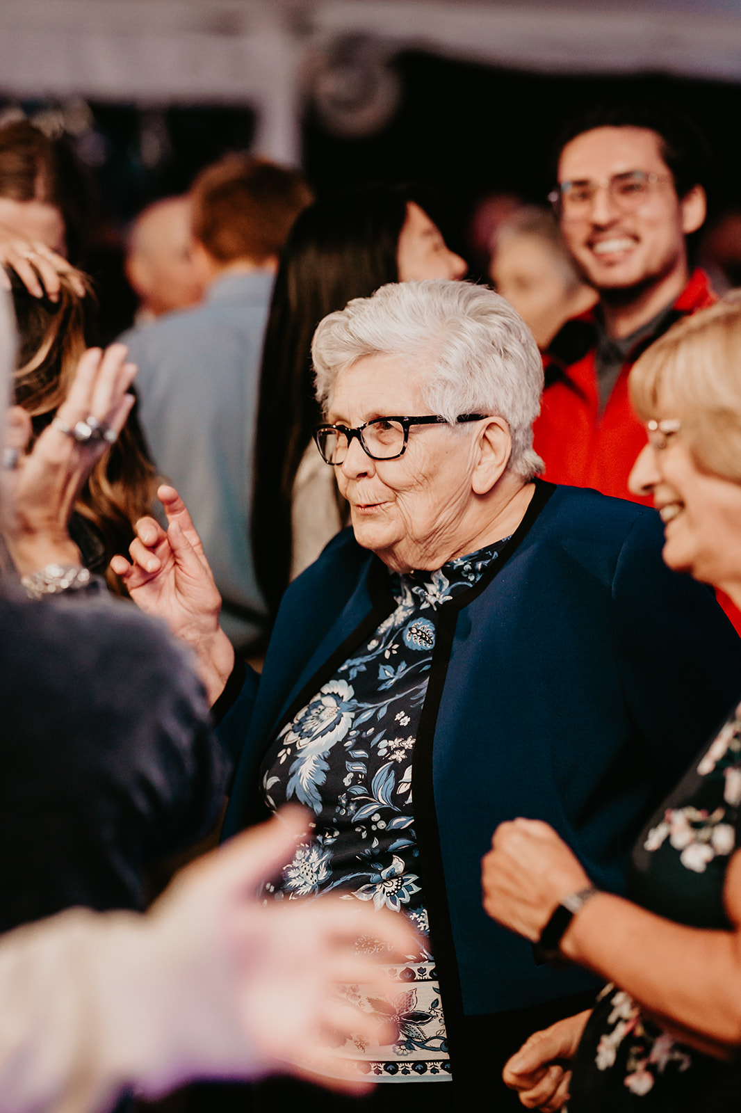 A wedding guest enjoying the dance floor at Betsy and Zach’s reception